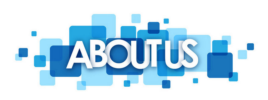 Decorative image of light and dark blue squares with the Words 'About Us' in white letters centered in the image.